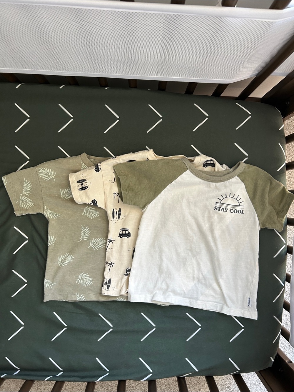 3 Gerber Kids Green, White, and Beige Raglan Tees